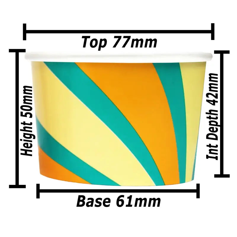 Colorful paper cup with yellow, orange, and teal stripes for ice cream tub use