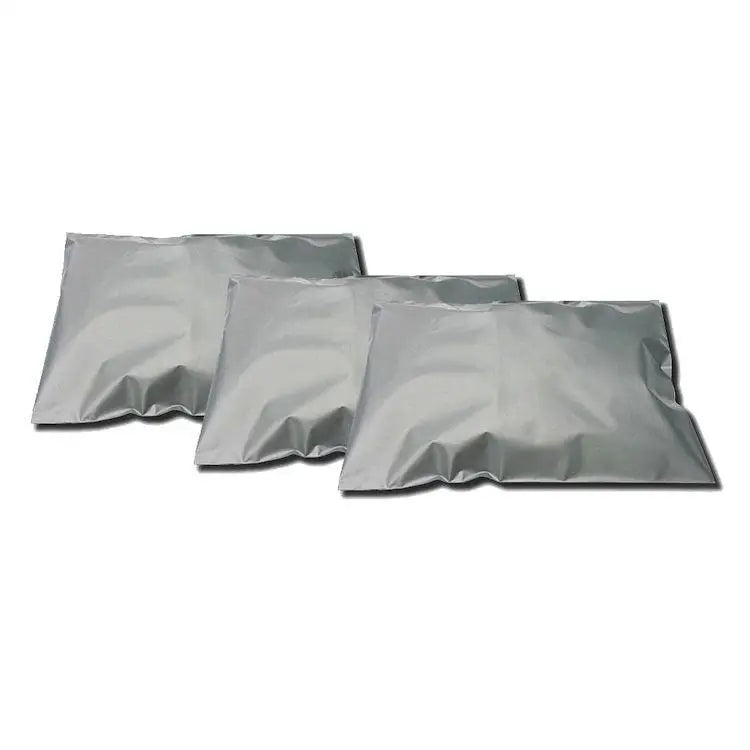 Three silver metallic pouches of Recycled Grey Polythene Mailing Postal Bags