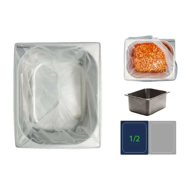 Stainless steel gastronorm tray with clear plastic lid and tray liner for food service