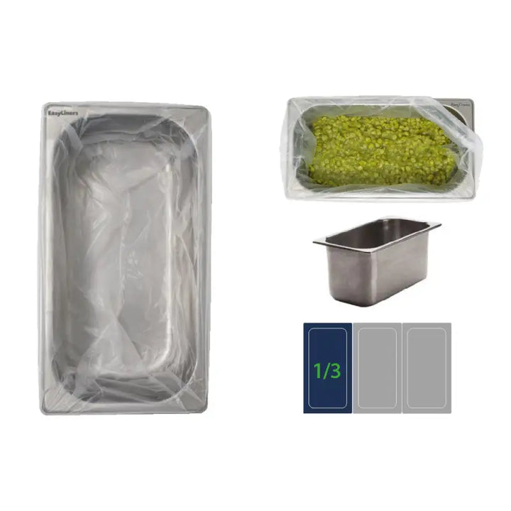 Stainless steel Gastronorm tray with deep rectangular shape and Easyliner tray liner