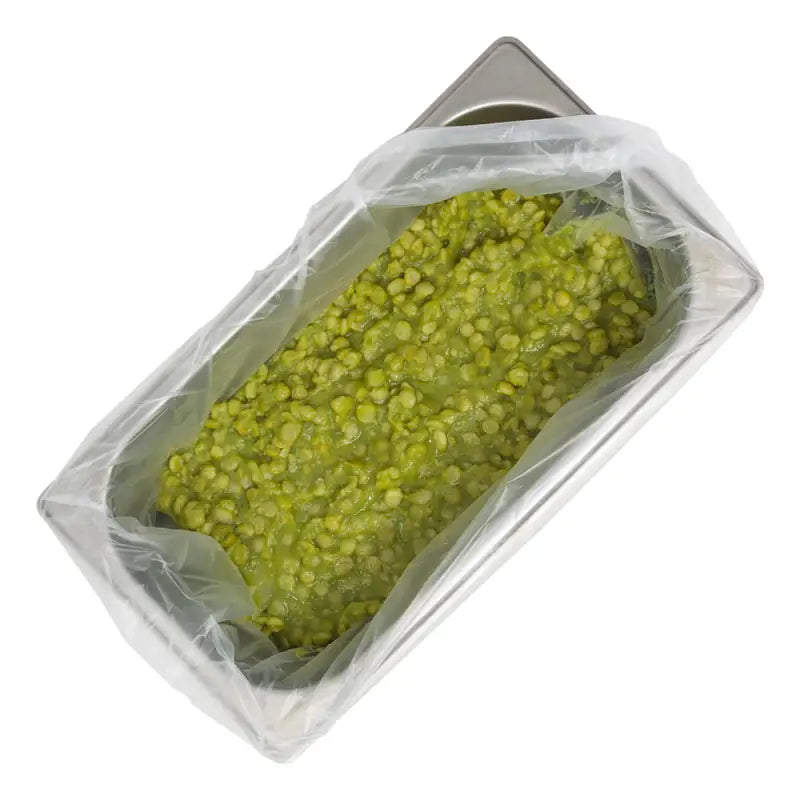 Plastic container of green split peas with clear wrap in Gastronorm Tray Pot Liner