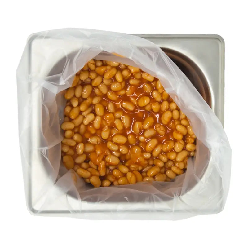 Plastic bag of baked beans in a white container for Gastronorm Tray Pot Liners