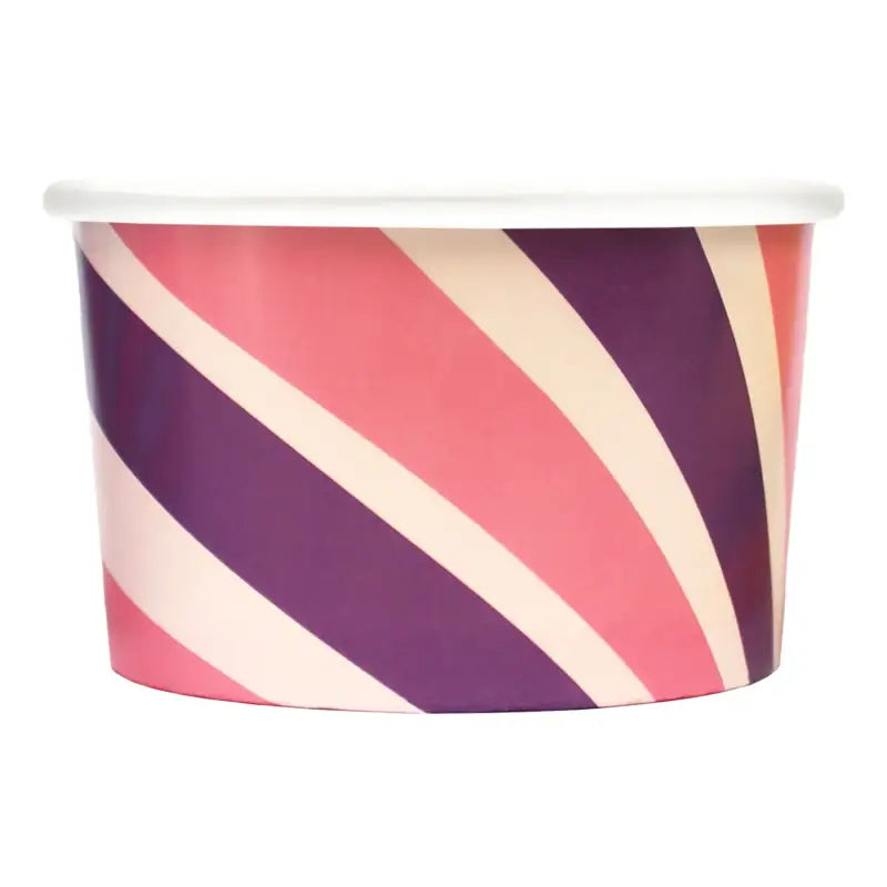 Striped paper ice cream cup with pink, purple, and white bands for ice cream tub