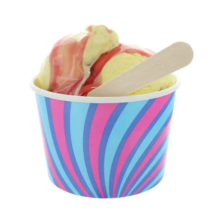 Colorful paper cup with ice cream in 3 Scoop Ice Cream Tub design and wooden spoon