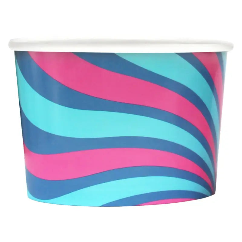 Colorful paper cup with wavy blue, pink, and teal stripes for serving ice cream tubs