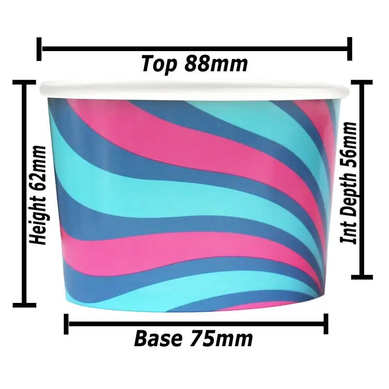 Colorful 3 Scoop Ice Cream Tub with pink and blue stripes and labeled dimensions