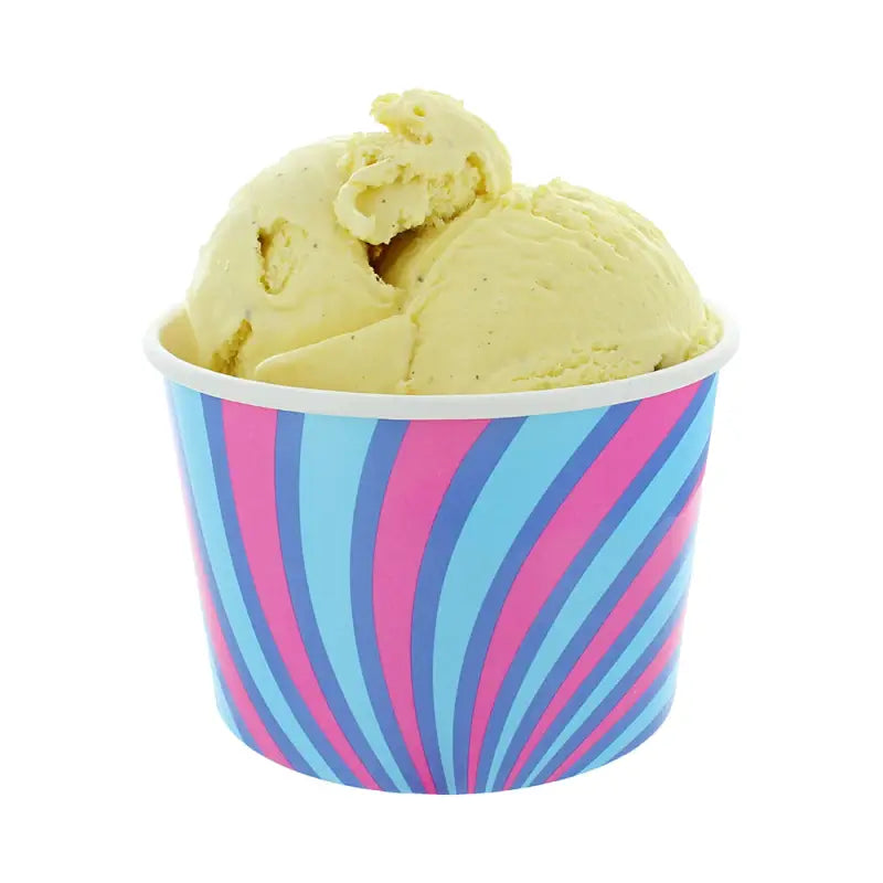 Pale yellow scoop ice cream in a colorful striped paper cup from 3 Scoop Ice Cream Tub