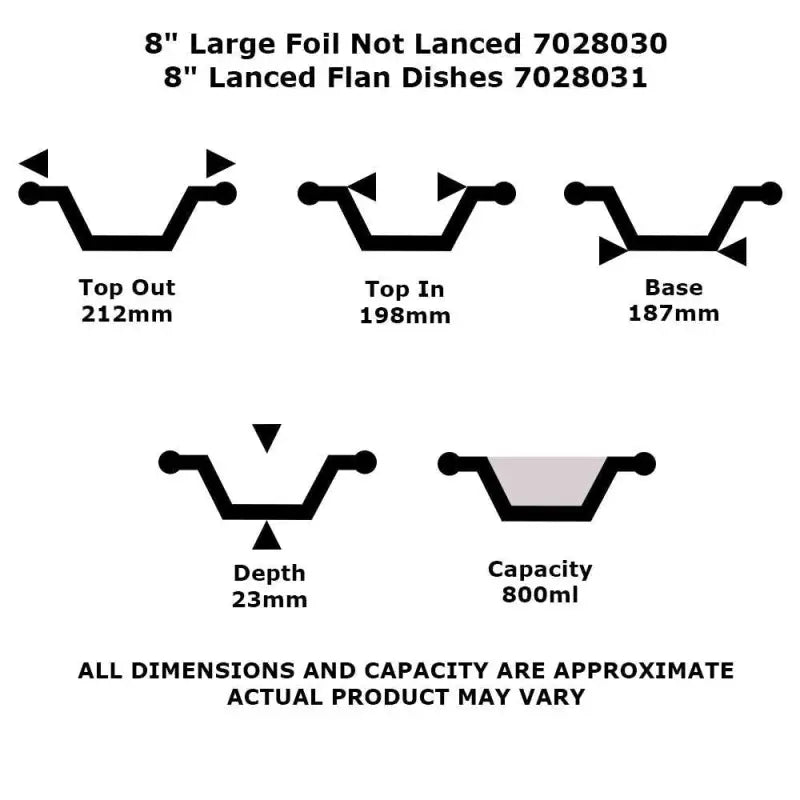 Cross-sectional diagrams of large foil dish shapes with labeled dimensions and capacity