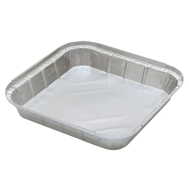 Square aluminum foil container with shallow sides for versatile food storage and serving