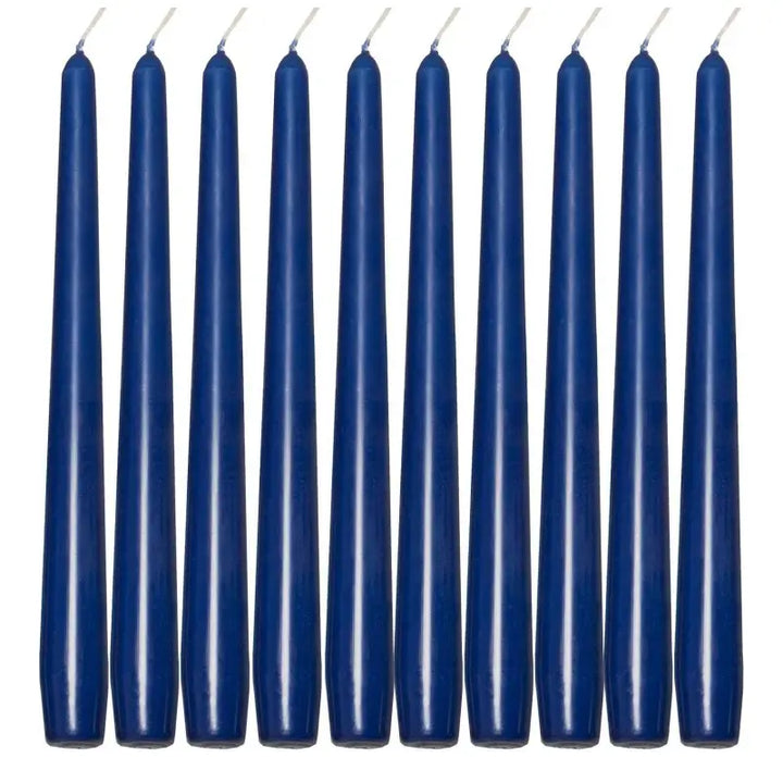 Ten tall blue taper dinner candles arranged neatly, perfect for elegant dining