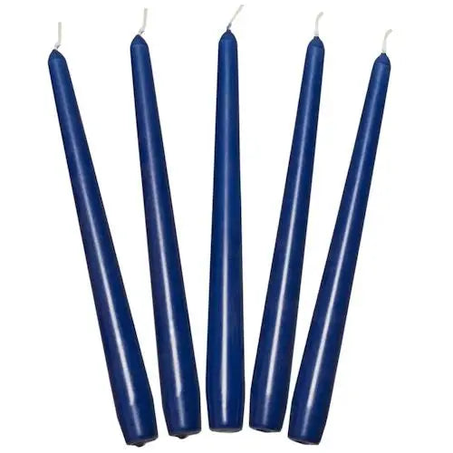 Five tall navy blue taper dinner candles with white wicks for elegant dining