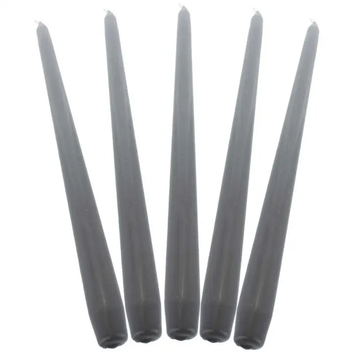 Five tapered gray dinner candles arranged in a row for elegant tabletop decor