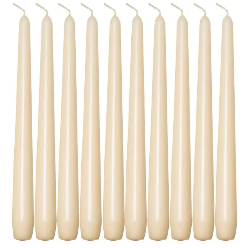 Set of ten off-white taper candles perfect for elegant dinner settings