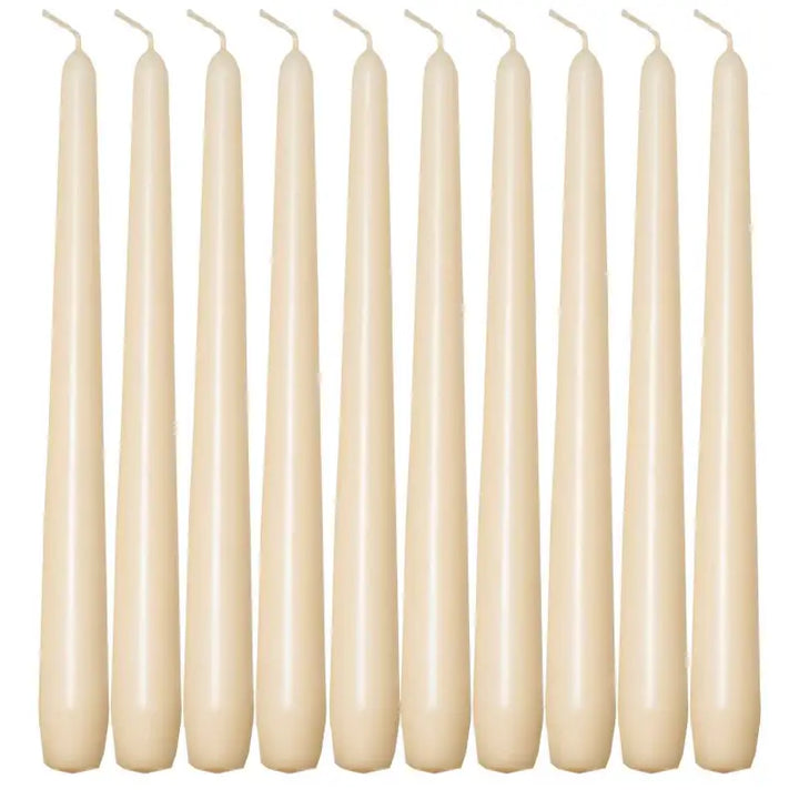 Set of ten off-white taper candles perfect for elegant dinner settings