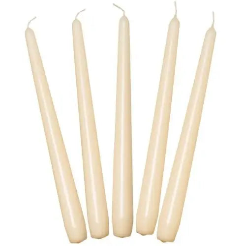 Five tall off-white taper candles for elegant dinner settings, lasting 7 hours