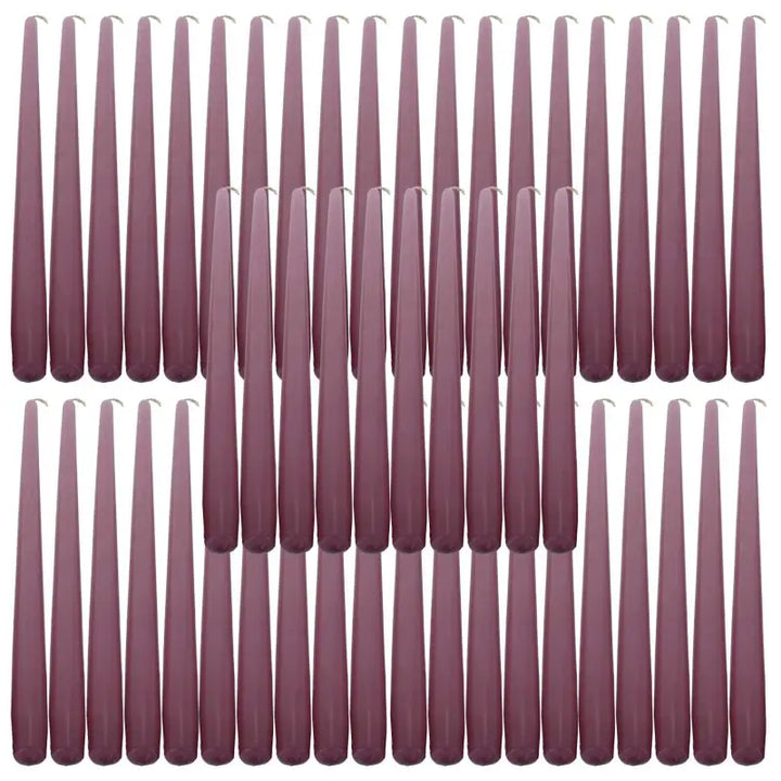 Rows of mauve taper dinner candles in a grid pattern, perfect for elegant dining