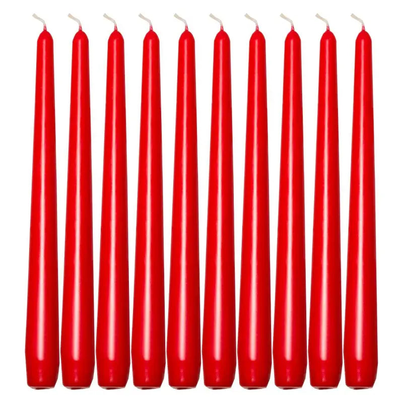 Ten tall, slender red taper candles for elegant dinner decor and ambiance