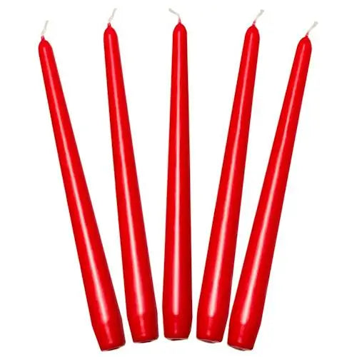 Five tall, slender red taper dinner candles arranged in a row for elegant decor