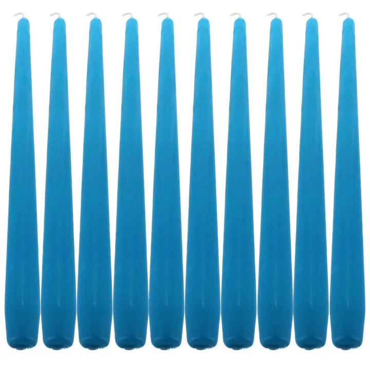 Ten blue taper dinner candles arranged in a row for elegant dining ambiance