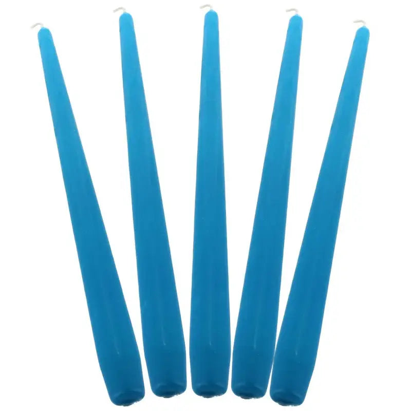 Five blue taper candles in a row for elegant dinner candle lighting