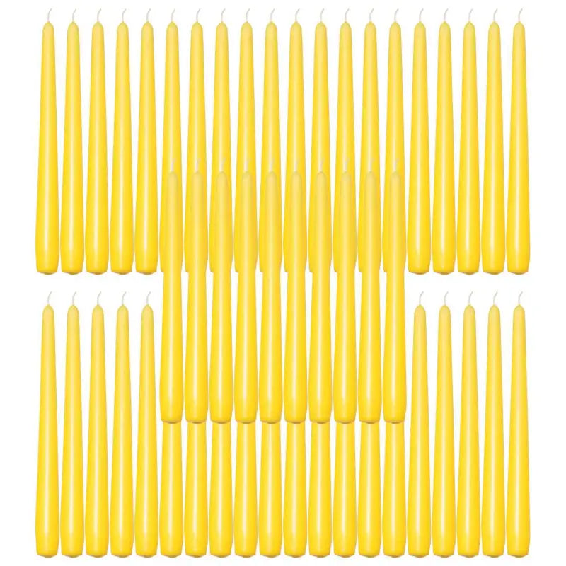 Yellow taper candles arranged in rows for elegant dinner settings and ambiance