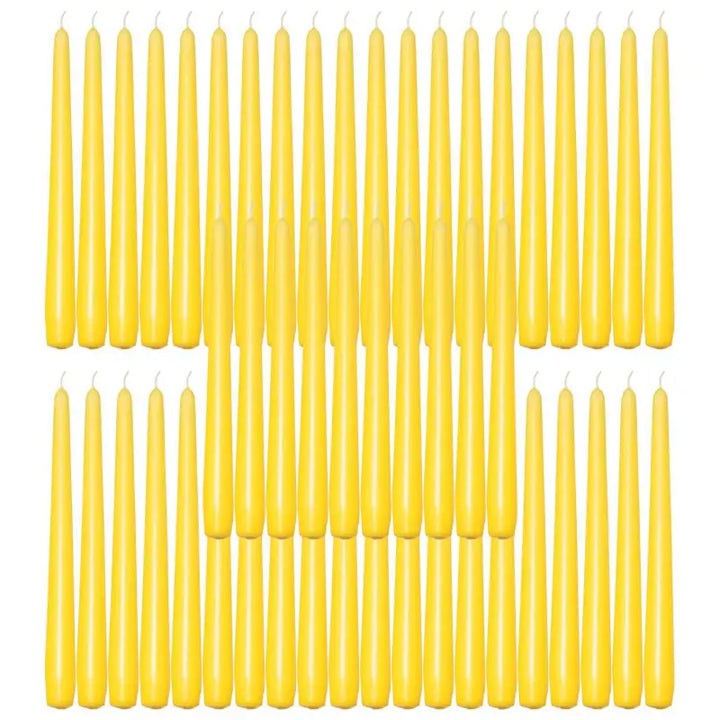 Yellow taper candles arranged in rows for elegant dinner settings and ambiance