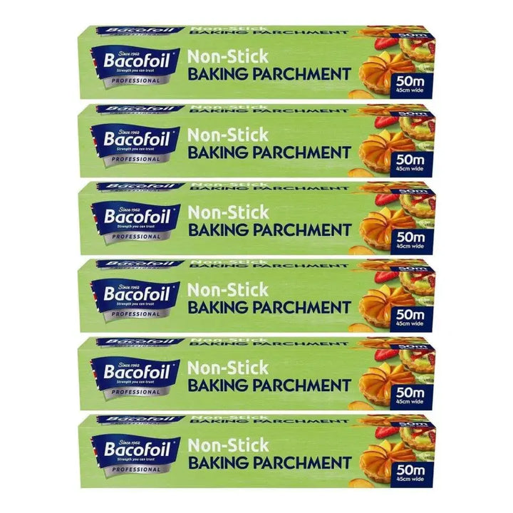 Stack of Bacofoil non-stick baking parchment boxes for Baco Baking Parchment Paper Roll