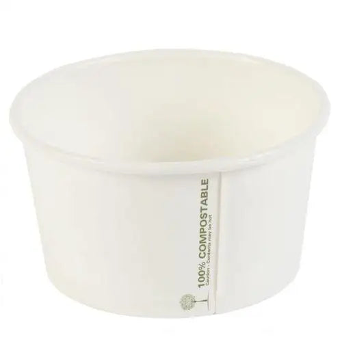 White compostable soup container with green text, made from Ingeo certified PLA