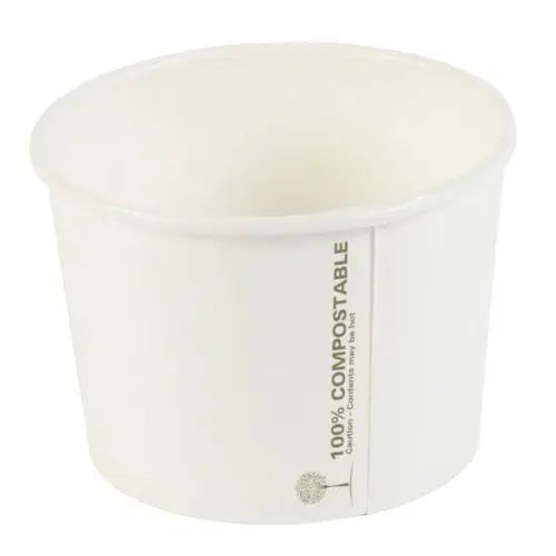 White compostable food container with 100% COMPOSTABLE label for soup containers