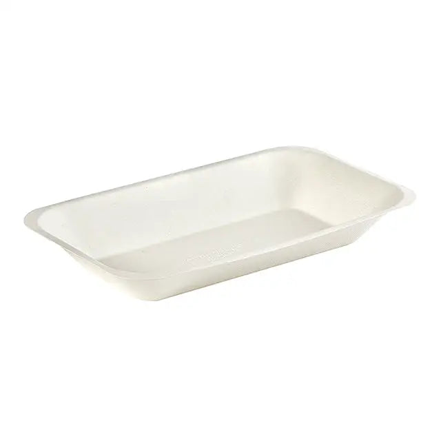 White rectangular disposable sugar cane bagasse food tray for eco-friendly serving