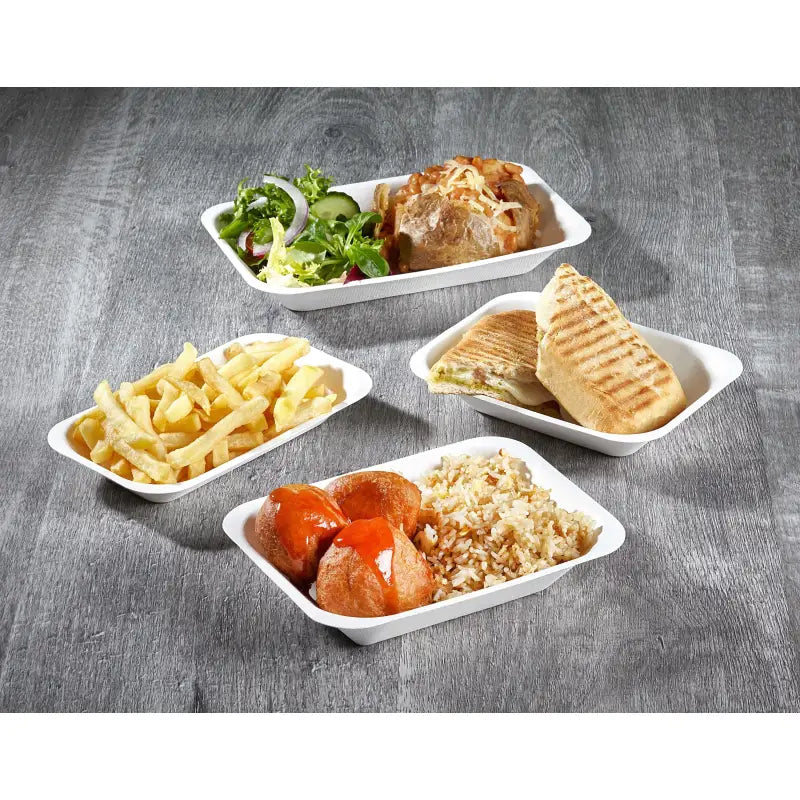 Assortment of takeout food in biodegradable sugar cane bagasse trays