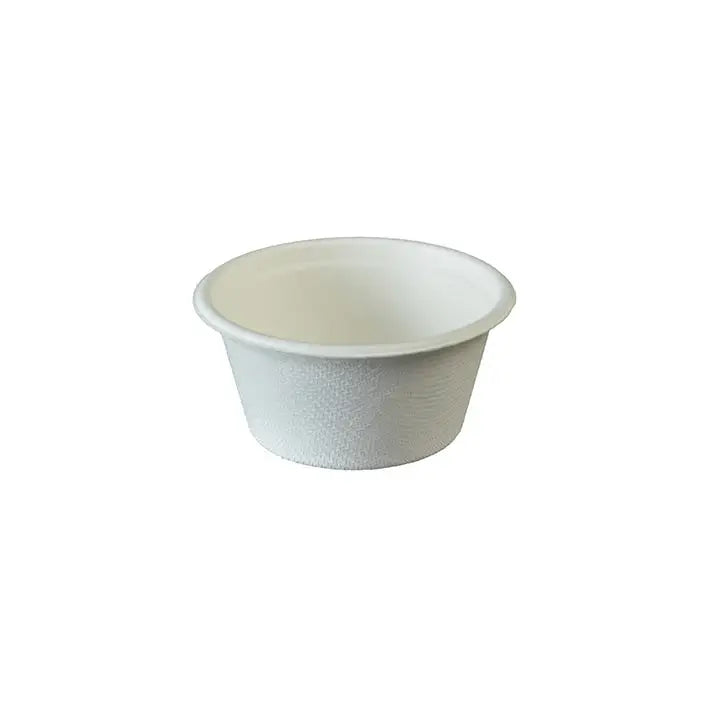 White biodegradable sugar cane bagasse portion pot with shallow round design