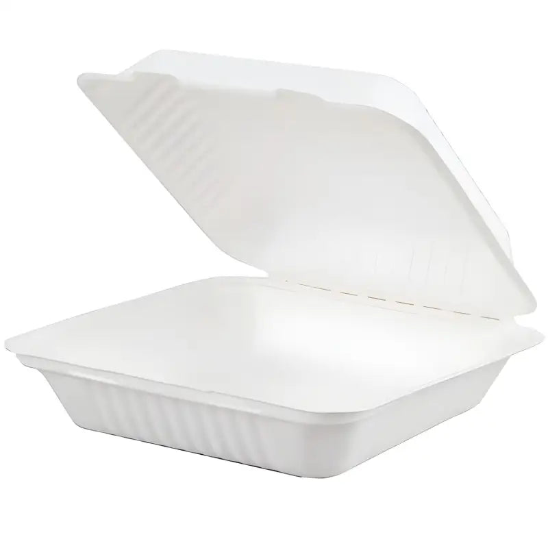 Biodegradable Sugar Cane Fibre Burger Meal Box with open hinged lid for takeout