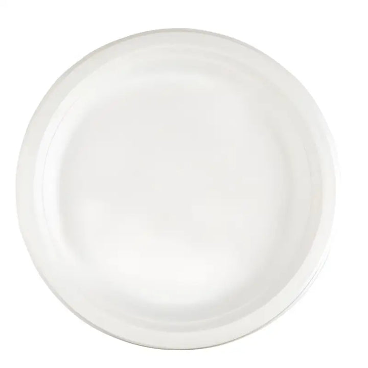 White ceramic dinner plate with smooth shape, part of Biodegradable Sugar Cane Fibre Tableware