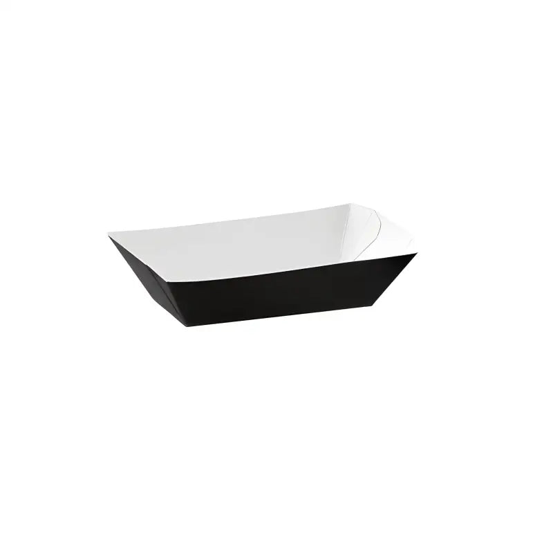 Rectangular black cardboard deli food tray with white interior, ideal for chips and burgers