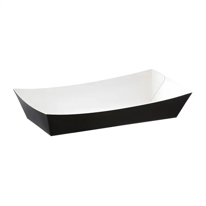 Boat-shaped black cardboard deli food tray with a white interior for meals and chips