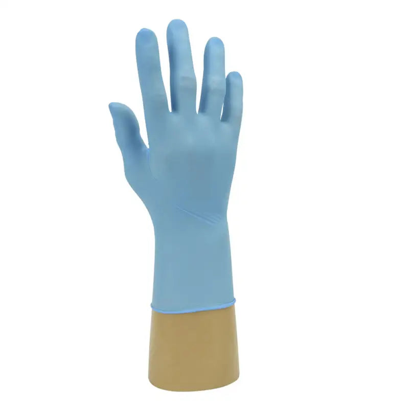 Light blue nitrile powder free disposable glove with tan cuff for optimal protection