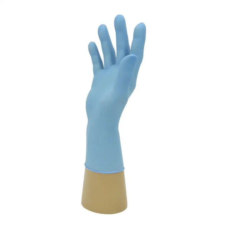 Light blue nitrile powder free glove on a beige hand-shaped stand for Shield GD19