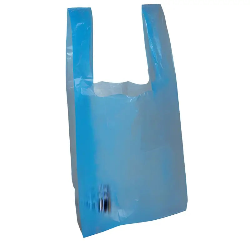 Blue recycled vest carriers featuring a blue plastic shopping bag with handles