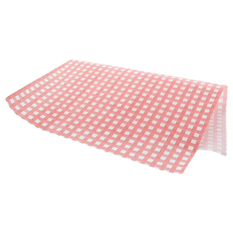 Pink and white checkered tablecloth showcasing Burger Wrap Greaseproof Paper in various colors