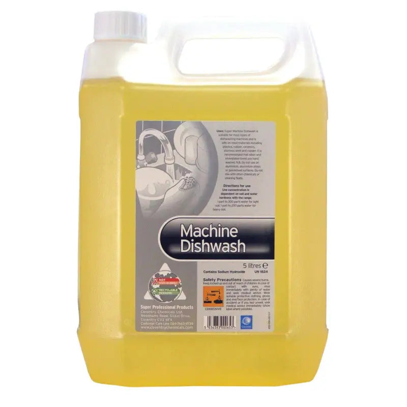 Yellow liquid Cabinet Machine Dishwash in a plastic container with a clear label