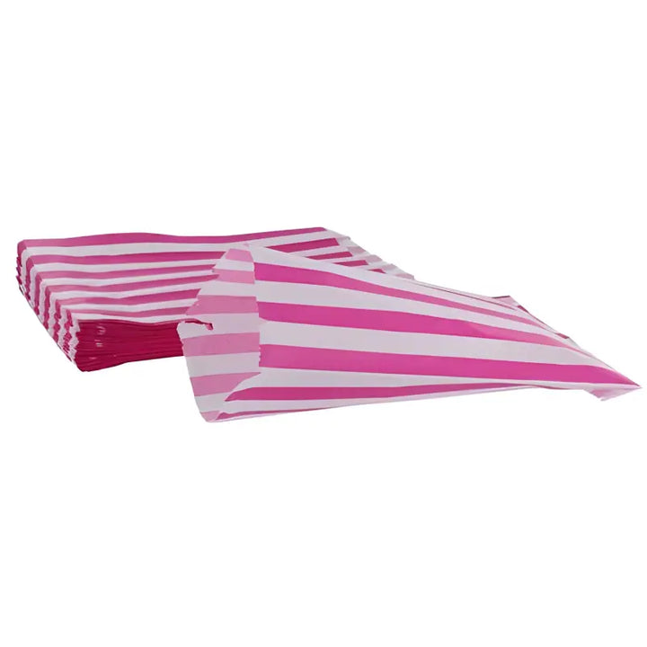 Stack of Candy Stripe pink and white striped paper bags displayed in a stylish arrangement