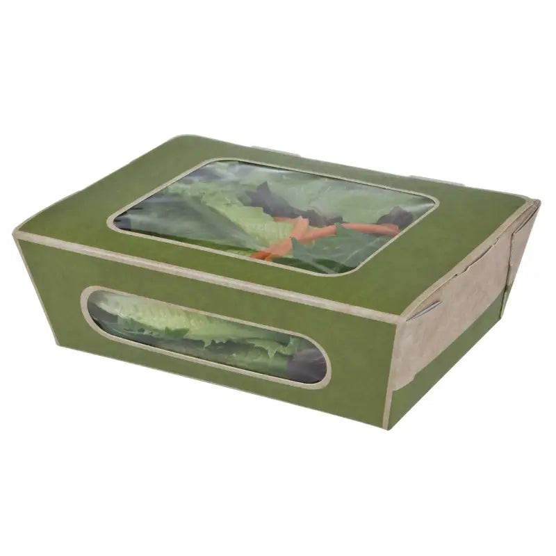 Green cardboard salad box with clear window showcasing colorful toy dinosaurs inside