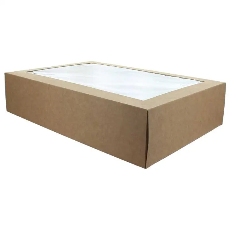 Rectangular cardboard sandwich food platter box with clear plastic window on top