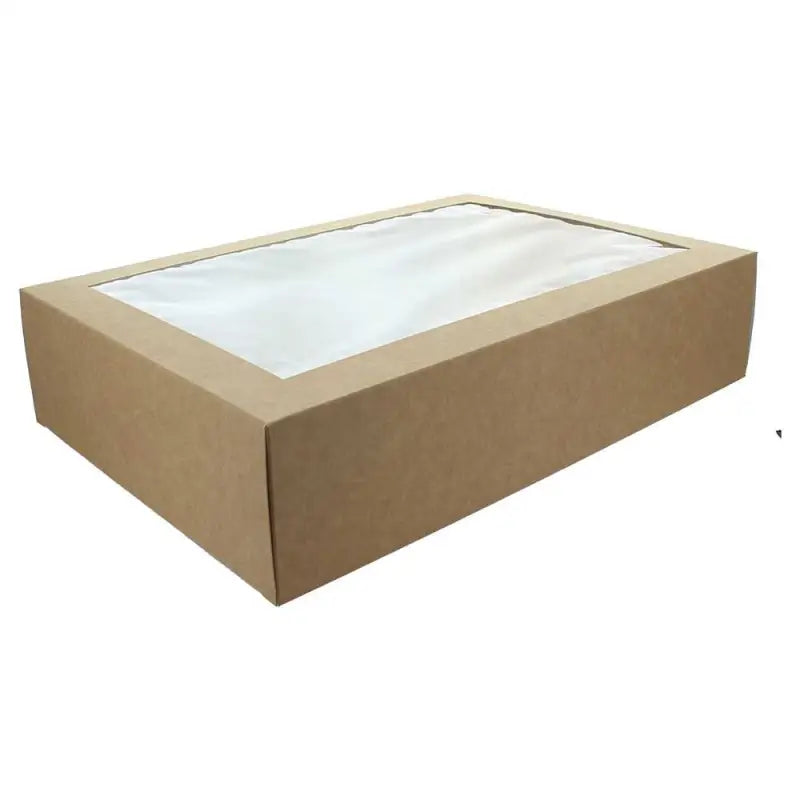 Rectangular cardboard sandwich food platter with clear plastic window on top