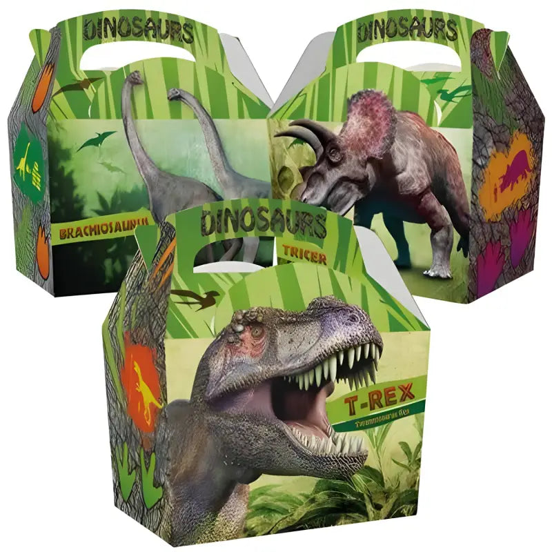 Colorful dinosaur design meal boxes featuring T-Rex, Triceratops, and Brachiosaurus