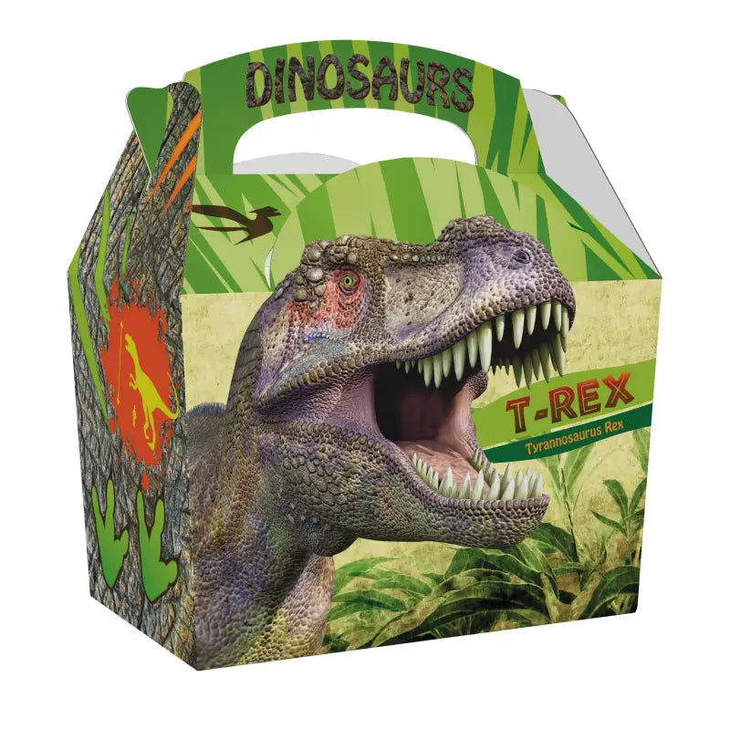 Cardboard meal box featuring a fierce Tyrannosaurus Rex dinosaur design for parties