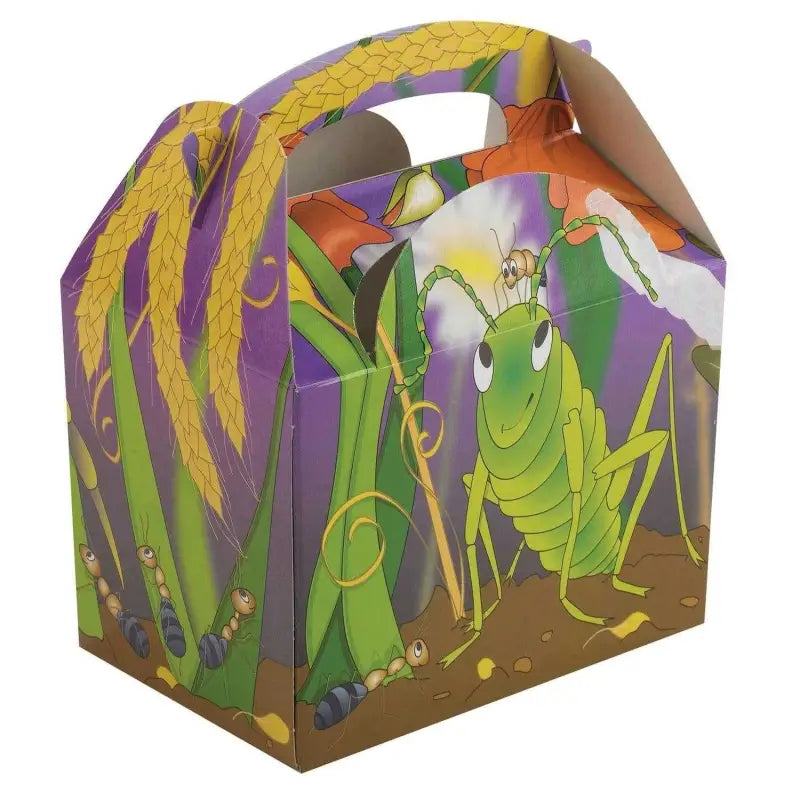 Colorful Bugs ’n’ Slugs meal party box with cartoon insects and plants design