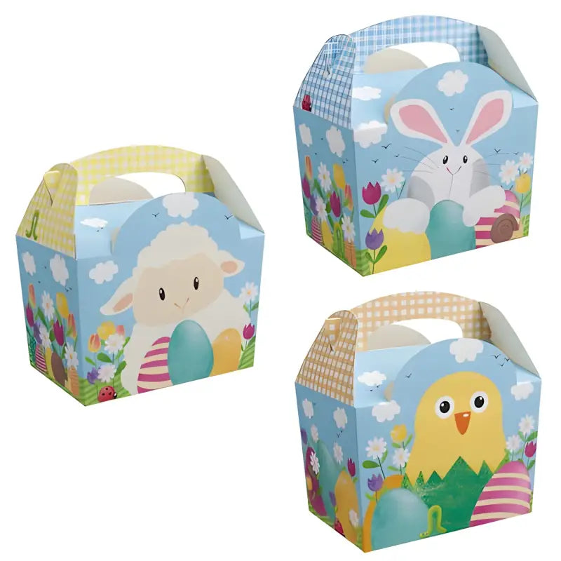 Set of three Easter design treat boxes with lamb, bunny, and chick on CFBB board