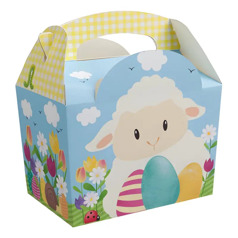 Colorful CFBB board meal party box featuring an Easter design with lamb and spring scene